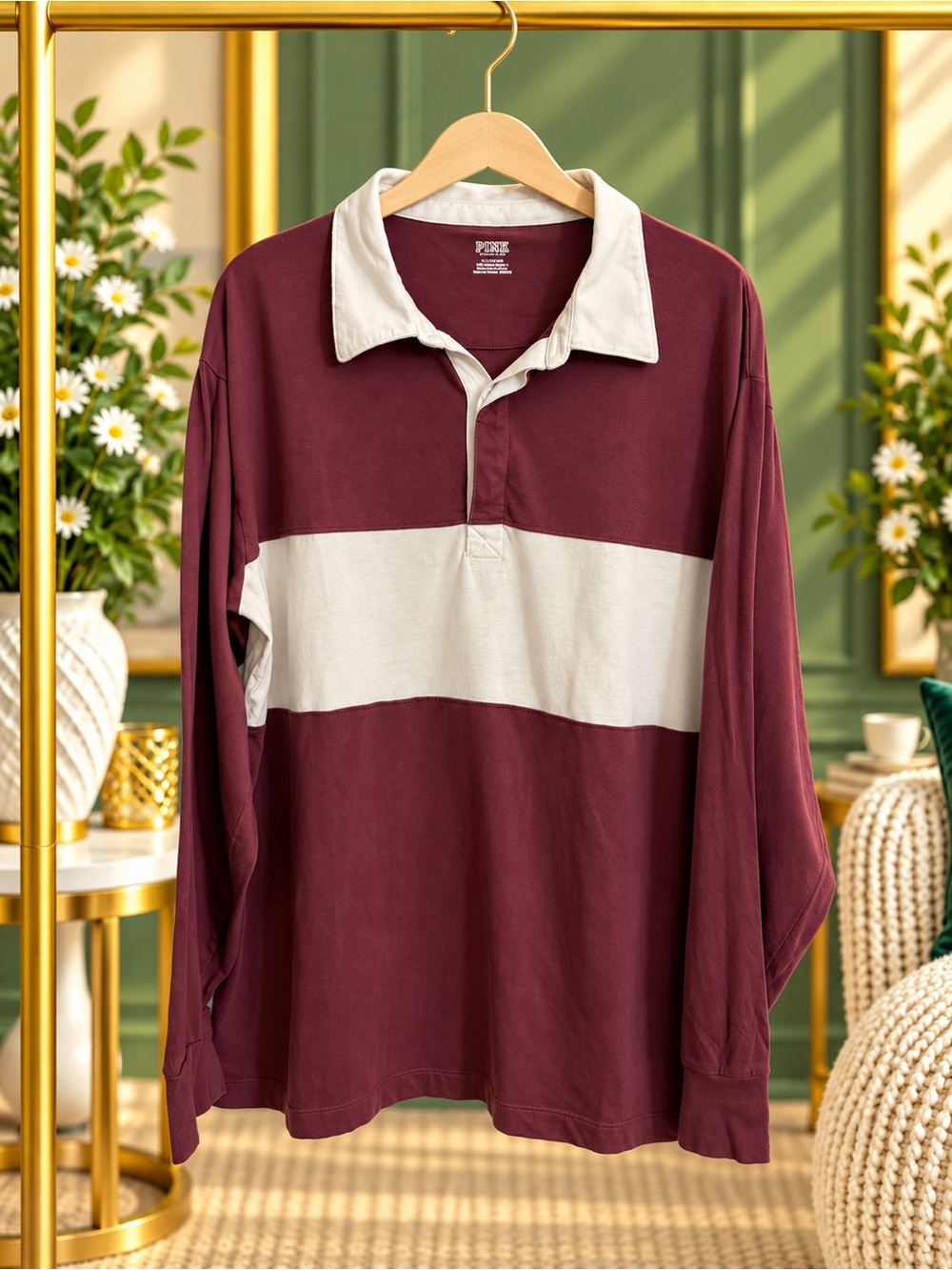 PINK Victoria’s Secret Morning Rose Rugby Polo Long Sleeve Shirt L